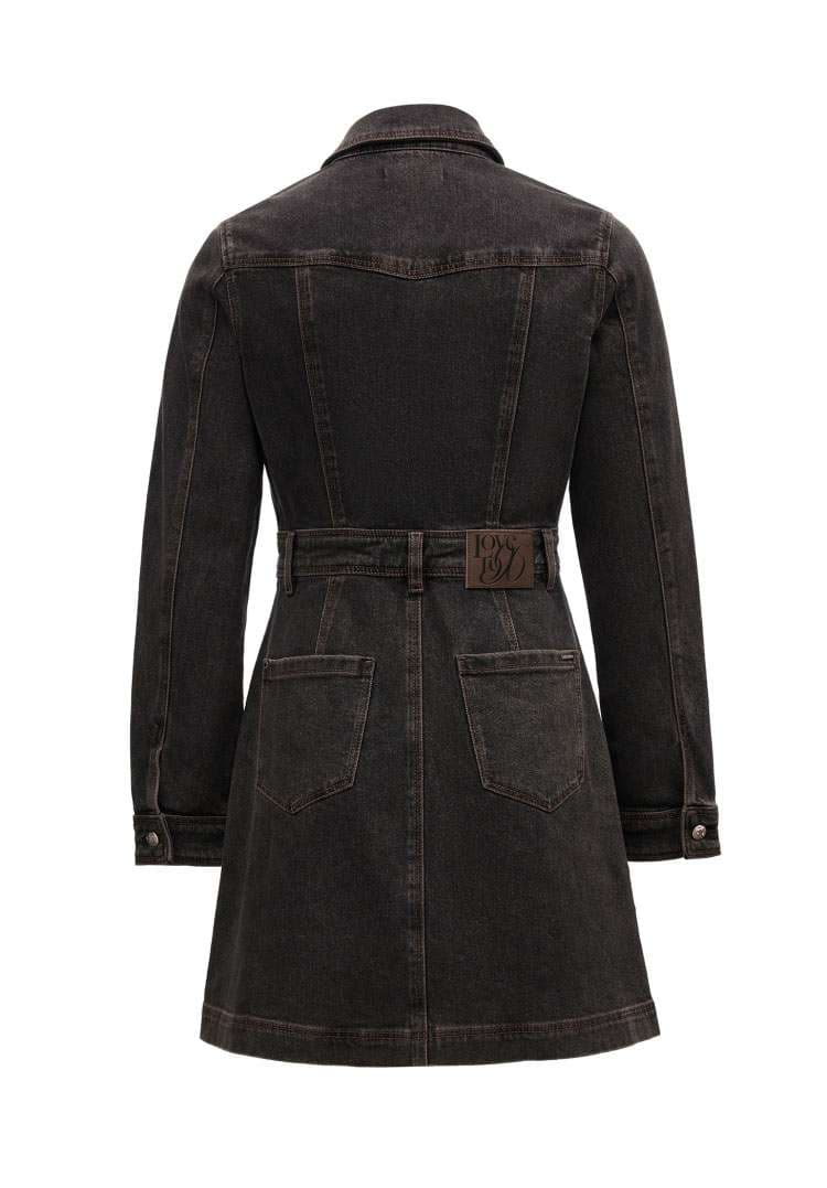 ミニワンピース 長袖デニムワンピ ブラウン ライトブルーカラー