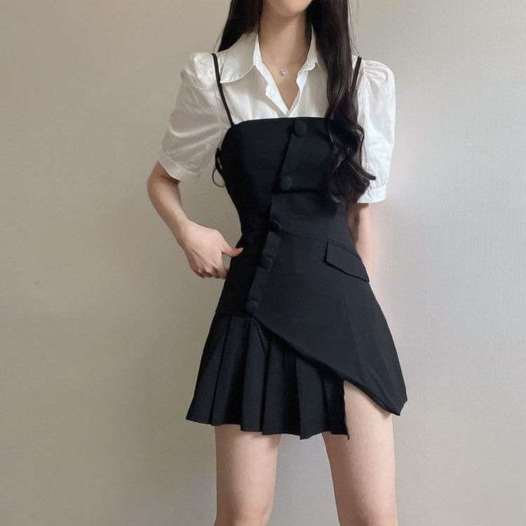 ミニワンピース アシンメトリープリーツキャミワンピース