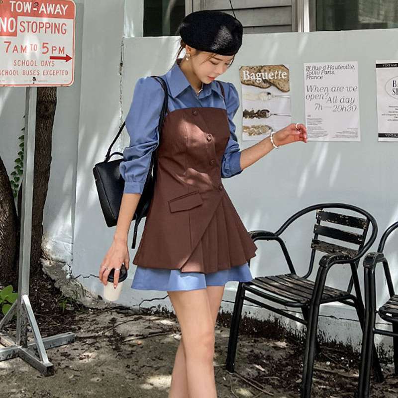 シャツ×キャミ セット エアリーショート丈ワンピース