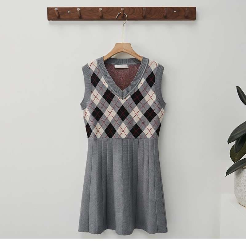 チェック柄ベスト付きシャツミニワンピース