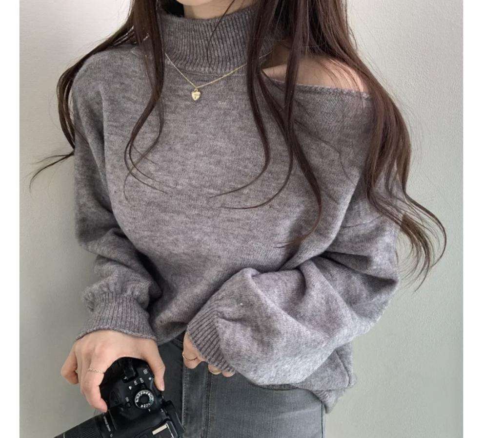 【秋冬】ミニワンピース オフショルダー風ニットワンピース