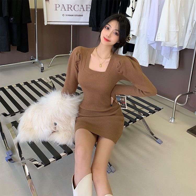 スクエアネック パワショル リブニットミニワンピース 大人 上品 タイト