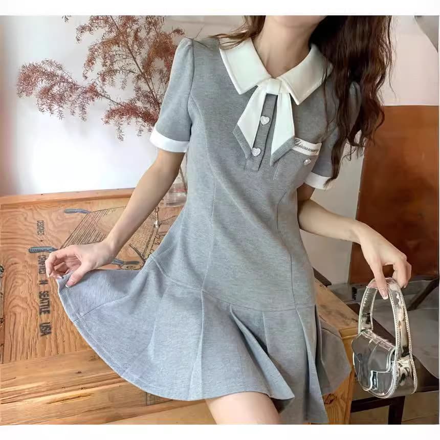 セーラー襟リボン プリーツフレアミニワンピース