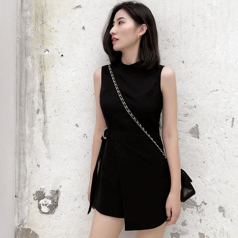 ミニワンピース ハイネック ベルト付き ノースリーブミニワンピース