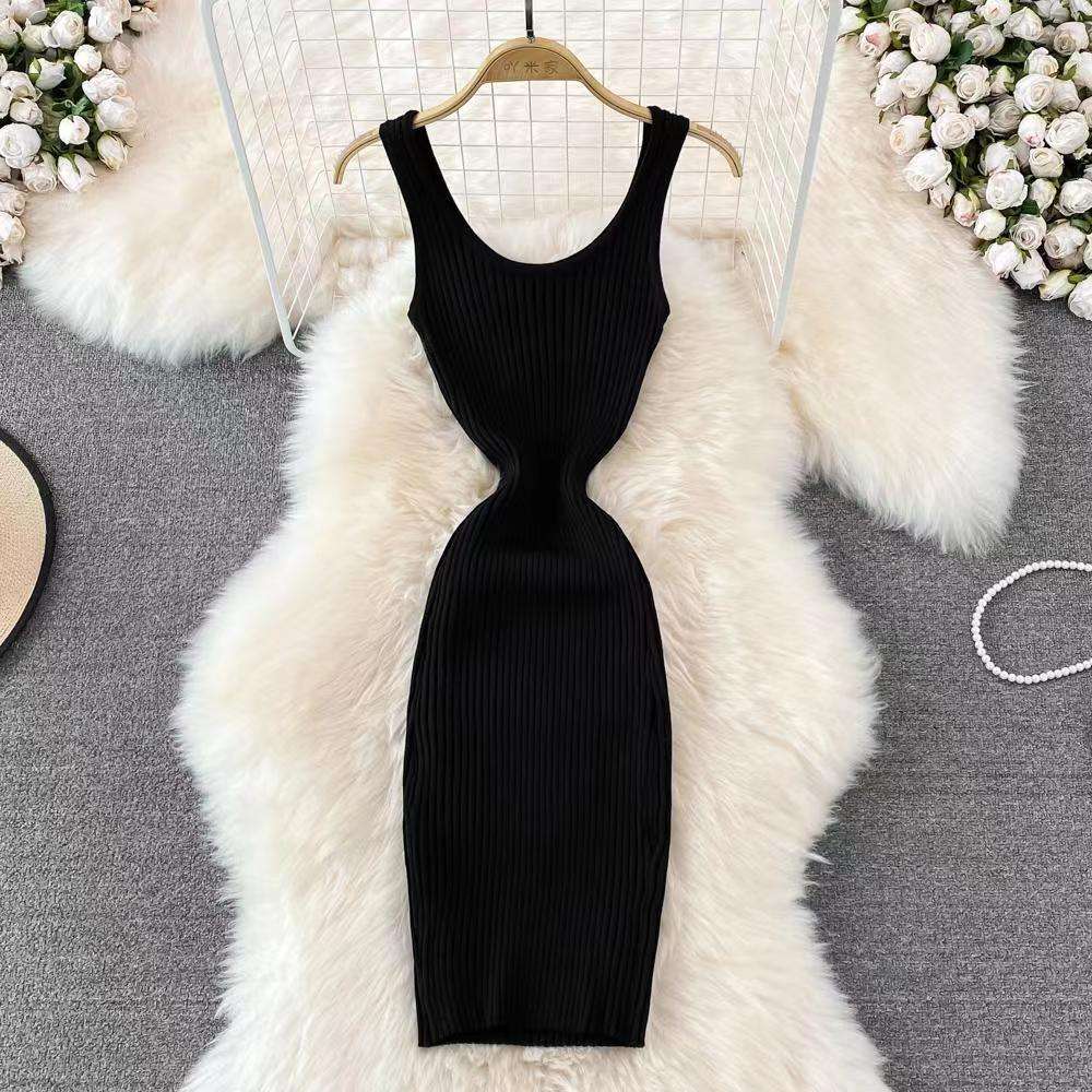 リブニット素材 タイトニットミニワンピース 夏用