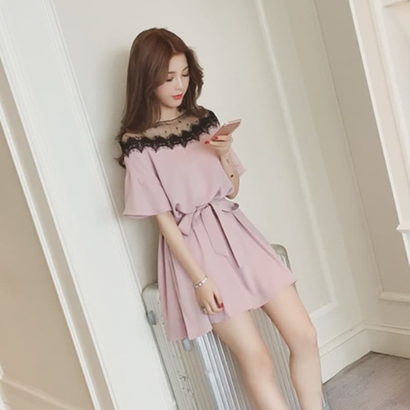 レース装飾付き チュニック フレアミニワンピース