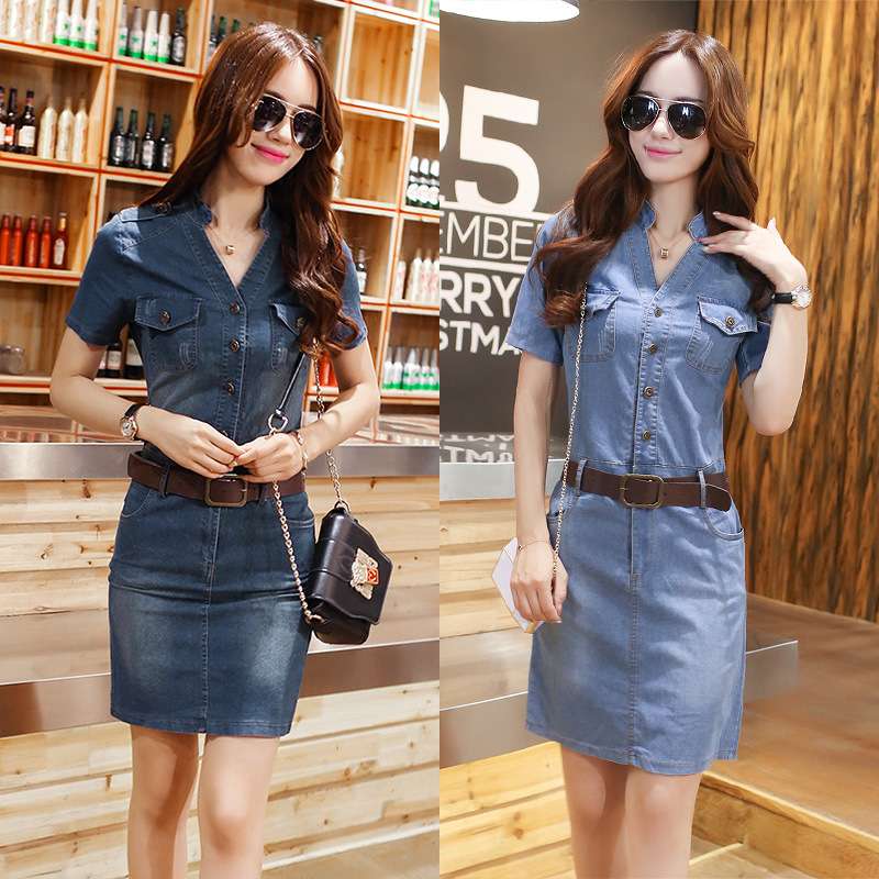 フロントジッパー付きデニムミニワンピース