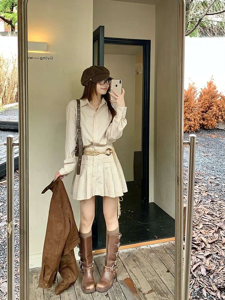 ストライプ柄ミニシャツワンピース