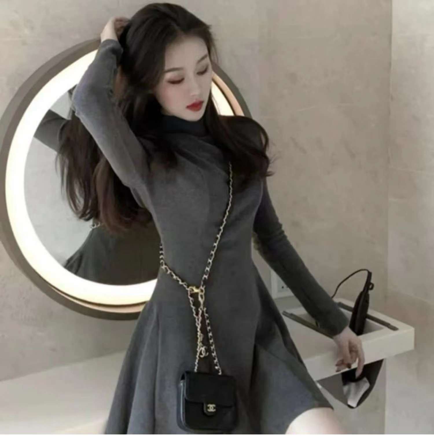 エレガントハイネックフレアワンピース