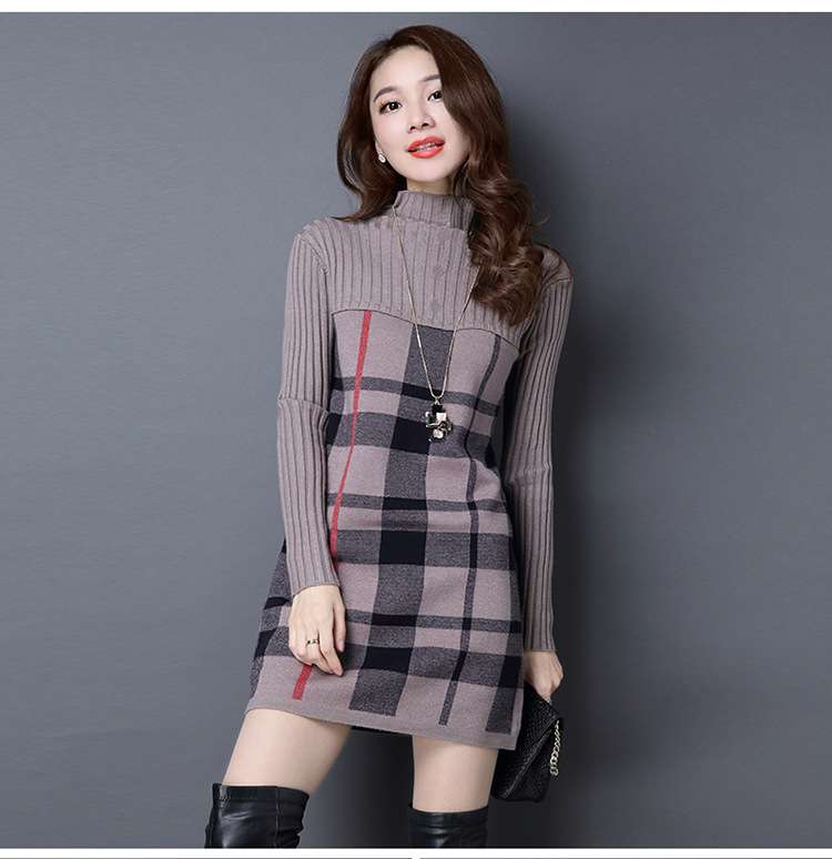 ミニワンピース チェック柄タートルネックワンピース