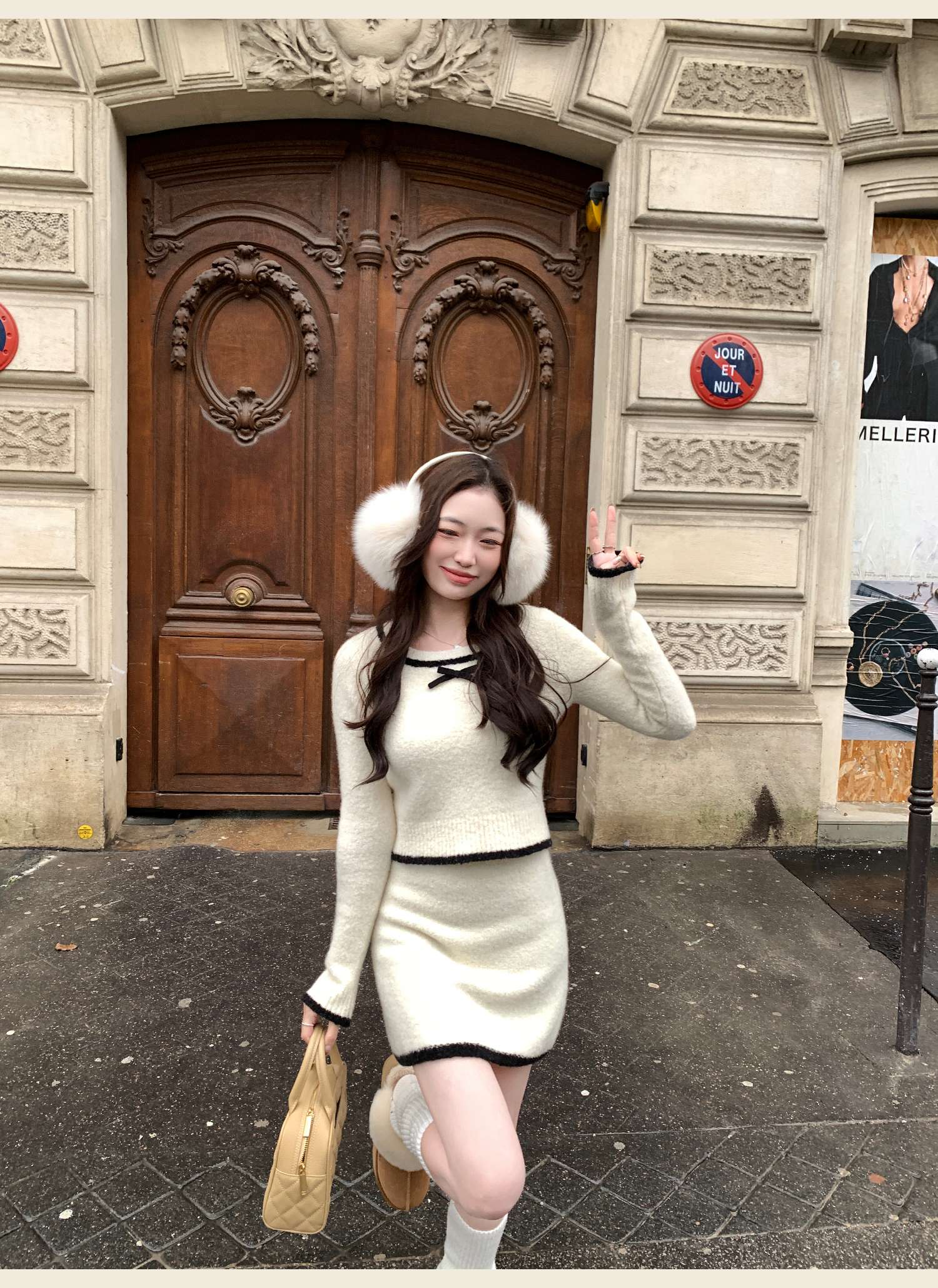 リボン付き ニットミニワンピース