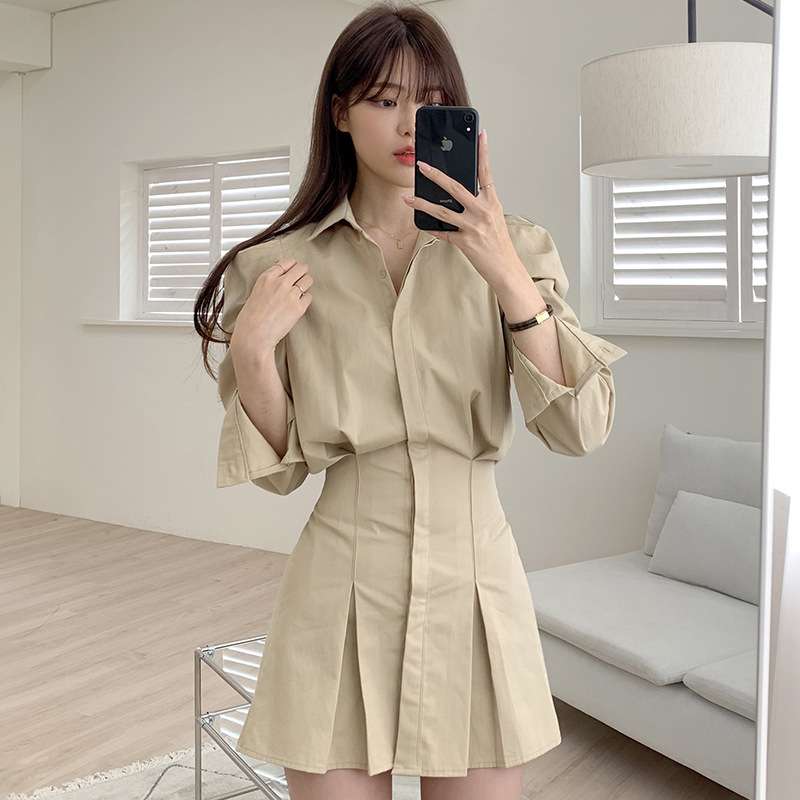 プリーツデザインシャツワンピース