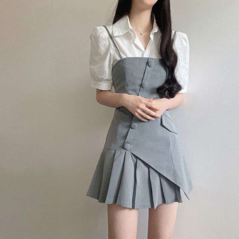 ミニワンピース アシンメトリープリーツキャミワンピース