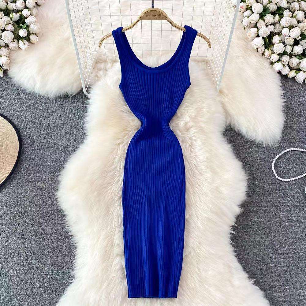 リブニット素材 タイトニットミニワンピース 夏用