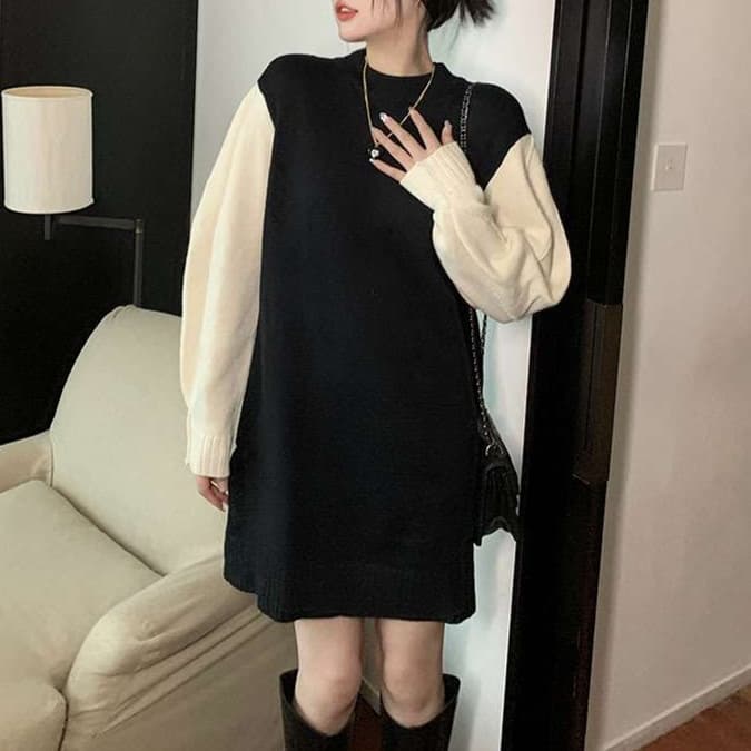 ミニワンピース タートルネック 痩せ見えニットミニワンピ