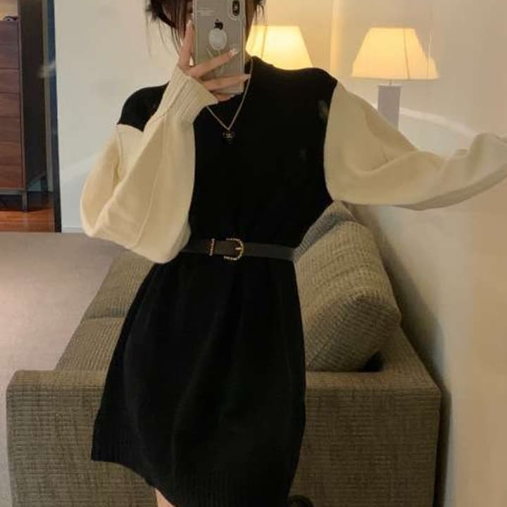 ミニワンピース タートルネック 痩せ見えニットミニワンピ