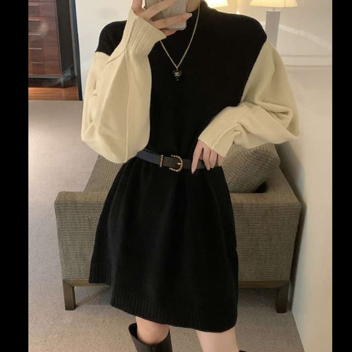 ミニワンピース タートルネック 痩せ見えニットミニワンピ