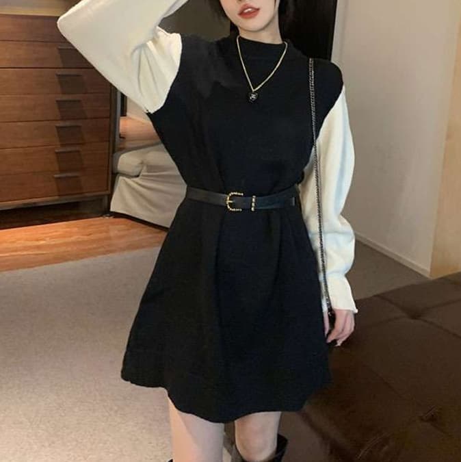 ミニワンピース タートルネック 痩せ見えニットミニワンピ