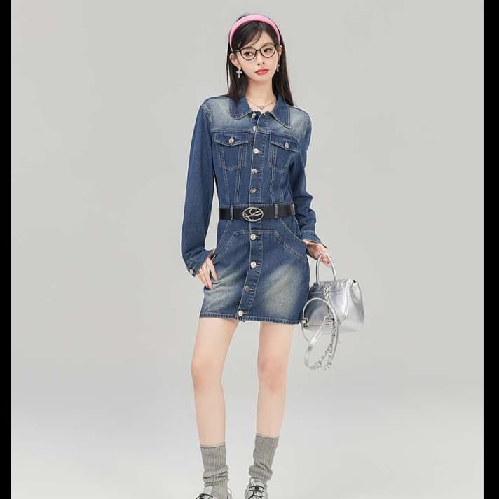 ミニワンピース レトロガーリーデニムワンピース
