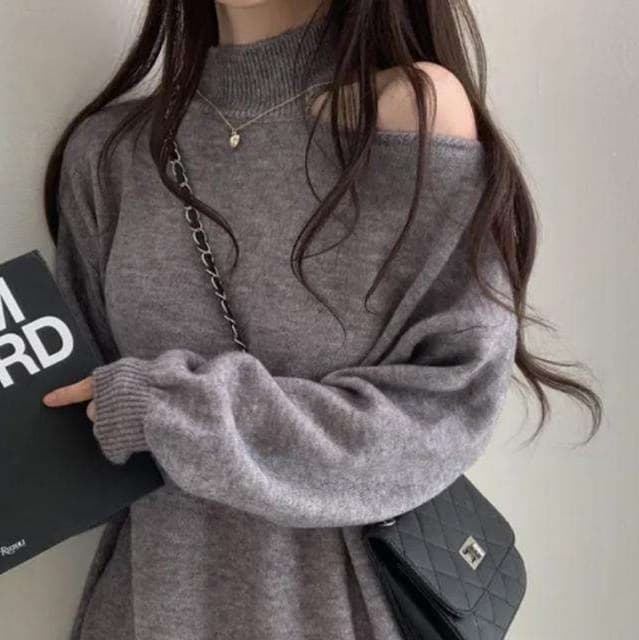 【秋冬】ミニワンピース オフショルダー風ニットワンピース