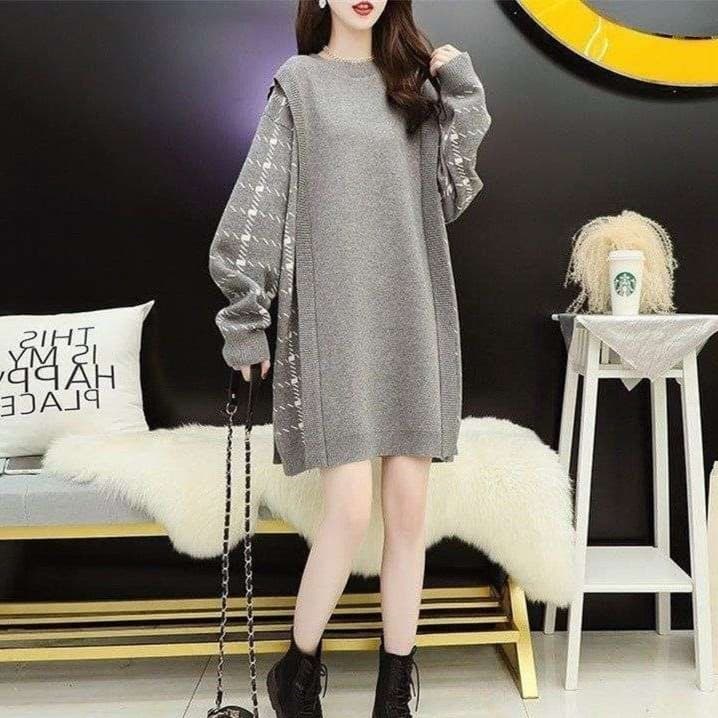 ファジーチェックロングニットワンピ