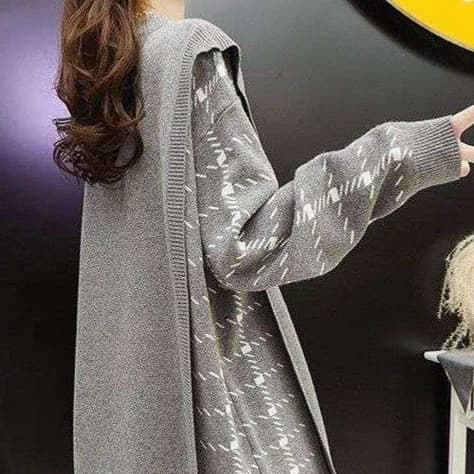 ファジーチェックロングニットワンピ
