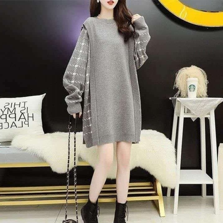 ファジーチェックロングニットワンピ
