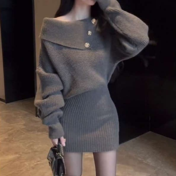 ミニワンピース オフショルダーボタンデザインニットワンピ