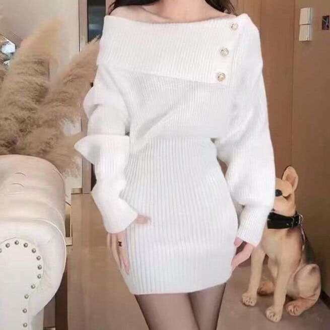 ミニワンピース オフショルダーボタンデザインニットワンピ