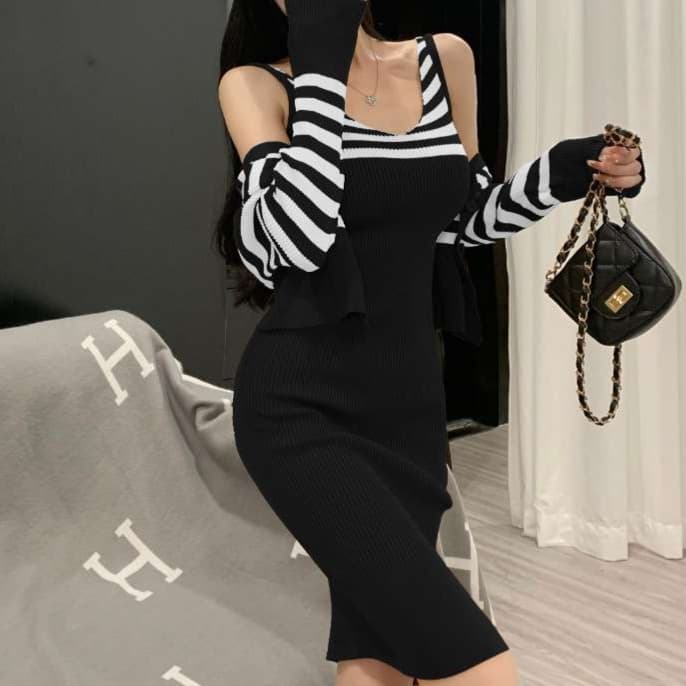 ボーダー柄カーディガン&タイトミニワンピースセット　リブ素材