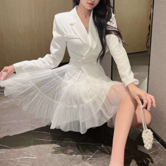 チュールスカート ブレザーフレアワンピース