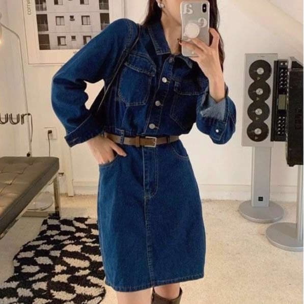 ミニワンピース デニム 長袖 タイトベルト付き👗