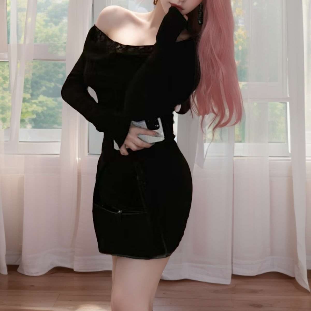 オフショルタイトミニワンピース艶めきドレス