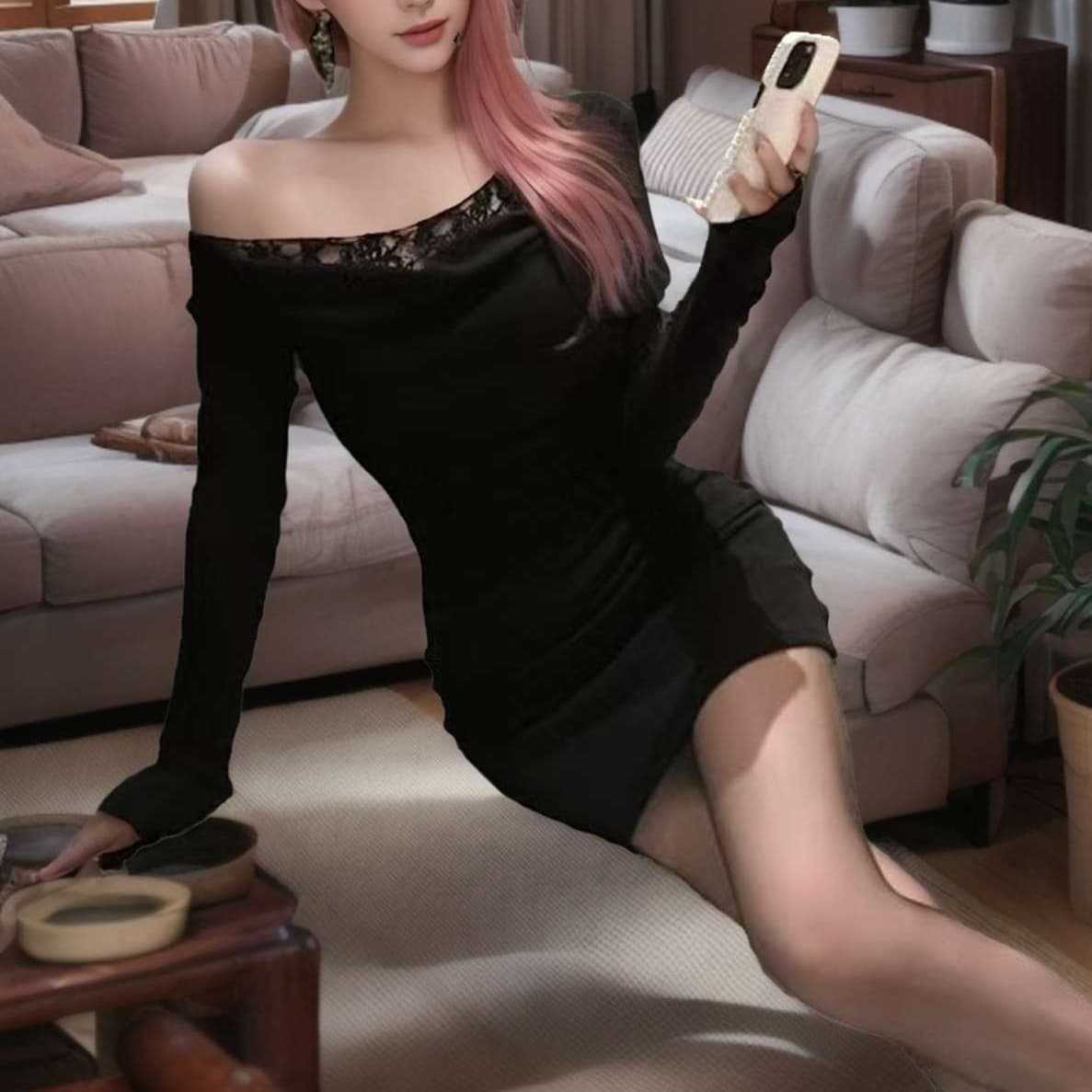 オフショルタイトミニワンピース艶めきドレス