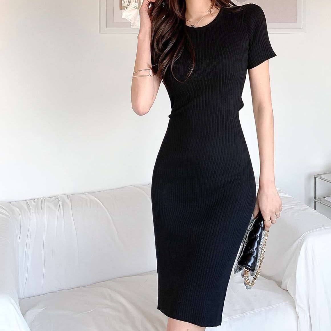 上品シルエットリブニット タイトミニワンピース