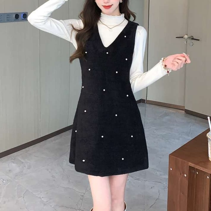 パール飾り付きベロア キャミミニワンピース