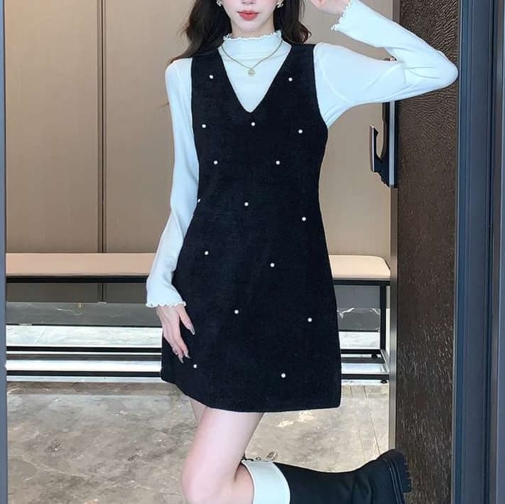 パール飾り付きベロア キャミミニワンピース