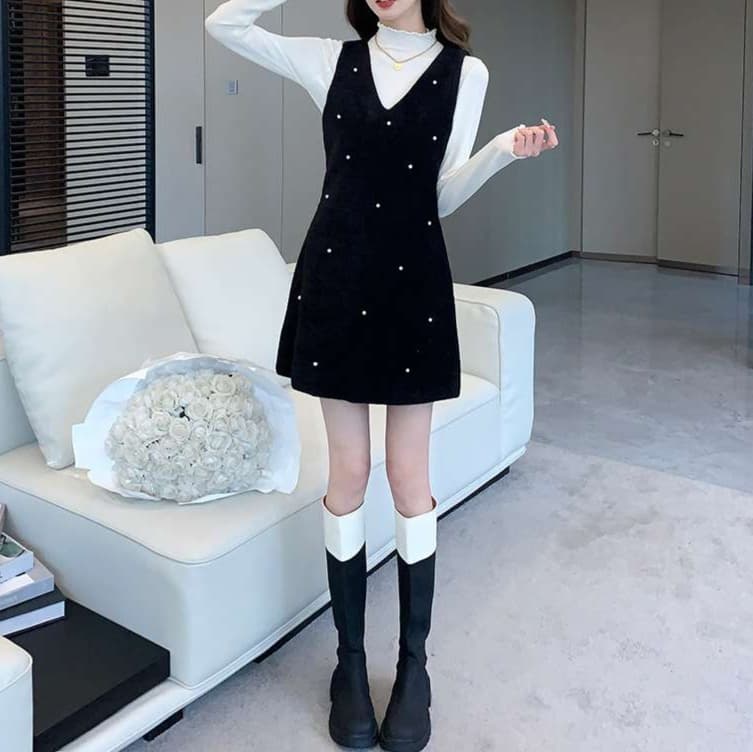 パール飾り付きベロア キャミミニワンピース