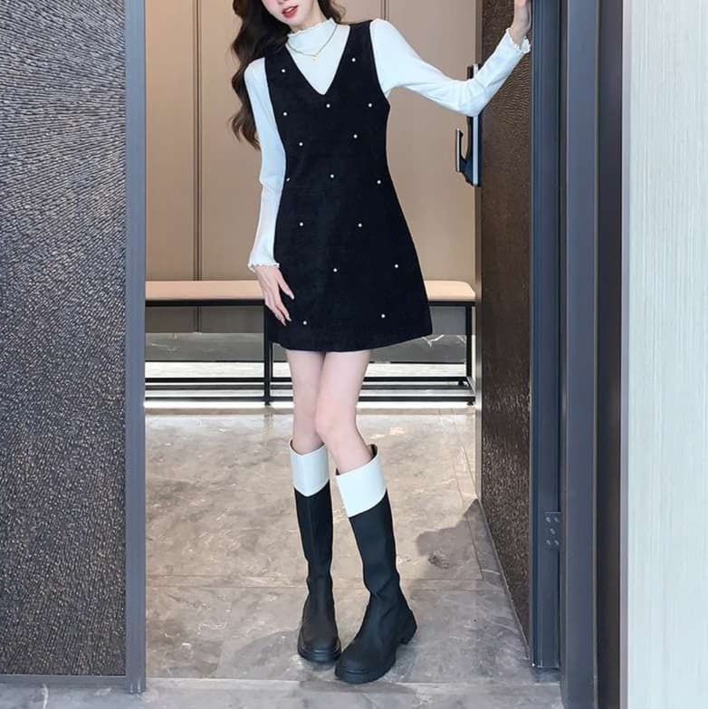 パール飾り付きベロア キャミミニワンピース