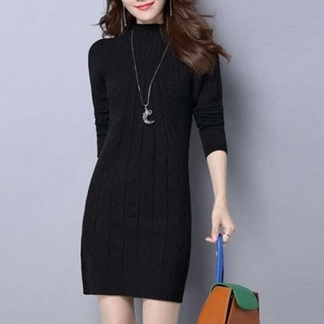 タートルネックリブ編みニットミニワンピース