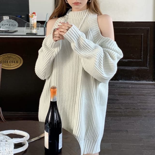 ミニワンピース 肩あき彫刻風ニットミニワンピ