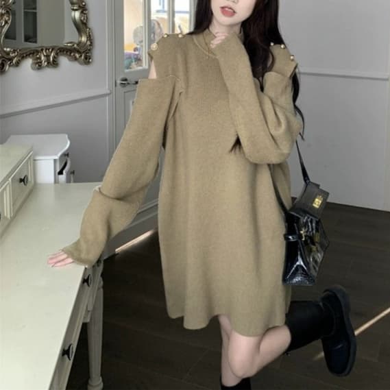 シースルーショルダーふんわりニットミニワンピース