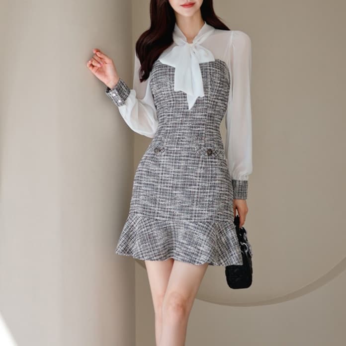 ミニワンピース シフォン袖リボンツイード