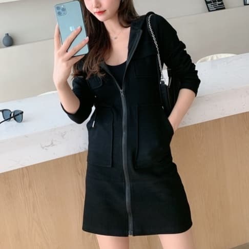 ミニワンピース スタイリッシュジップミニパーカーワンピース