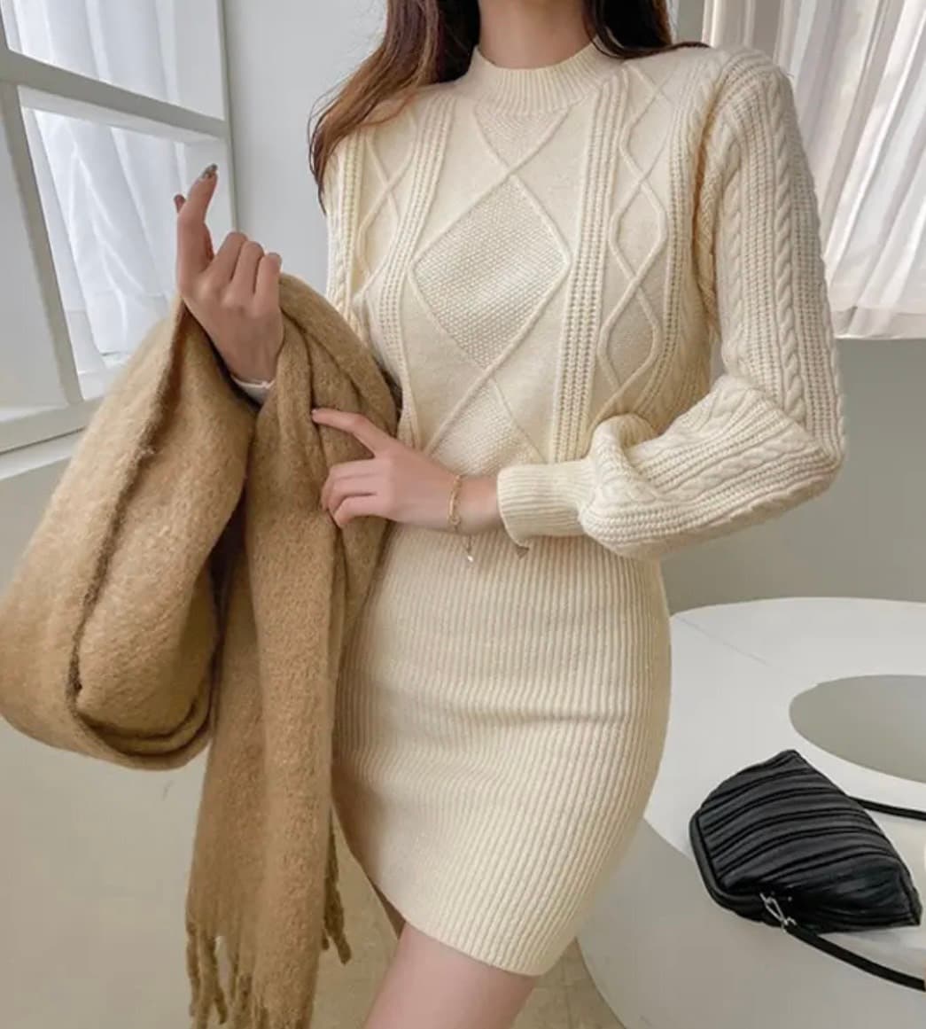 柄編み ニットミニワンピース