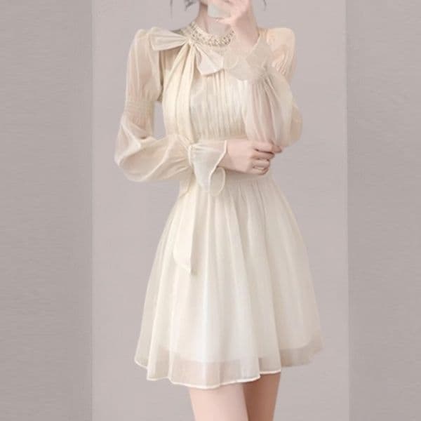 ミニワンピース 上品首元リボン飾り シフォンミニワンピース
