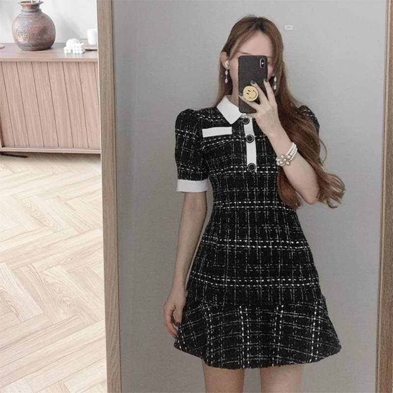 韓国風 モダンレトロ襟付きツイードミニワンピース 参戦服
