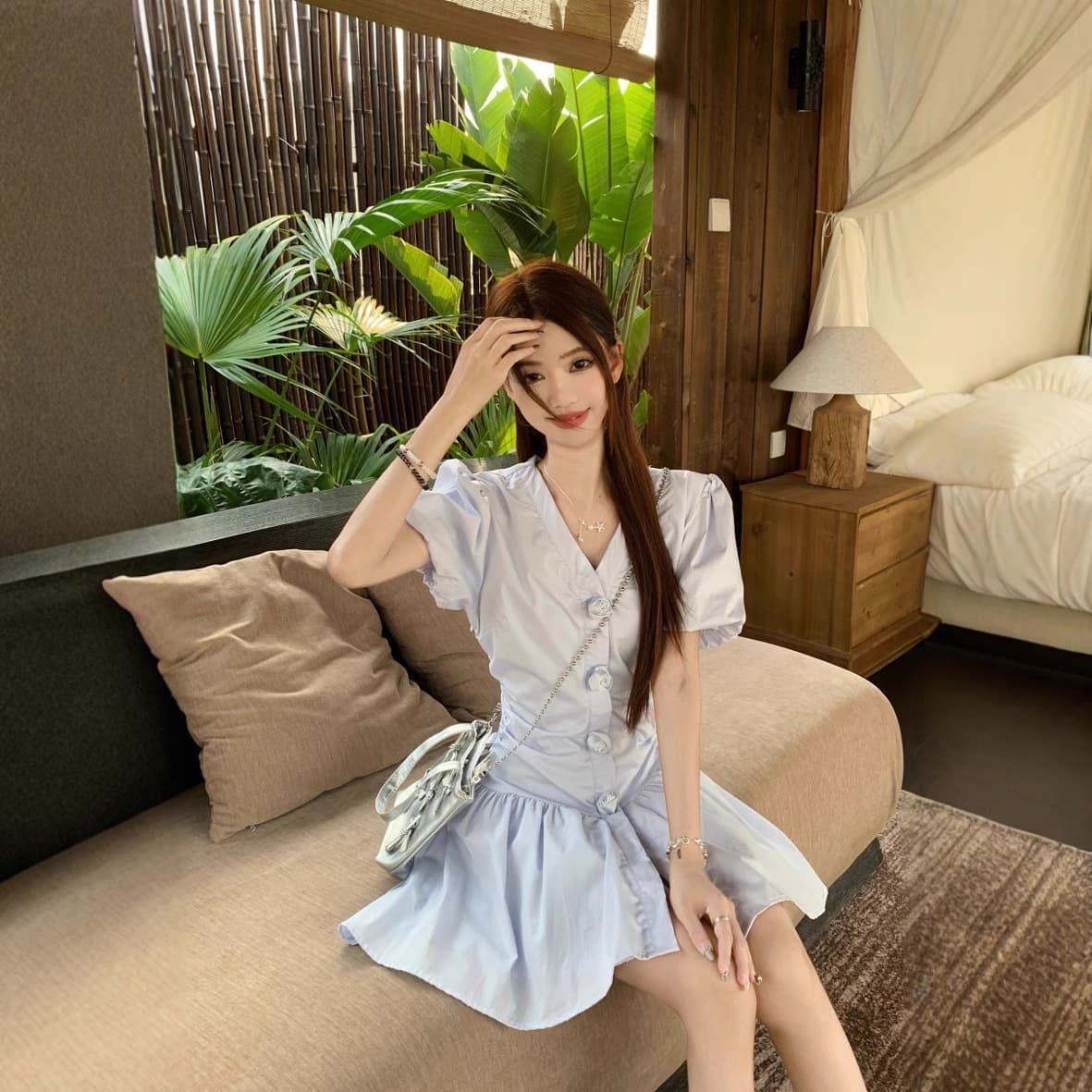 ミニワンピース ぽわん袖フロントボタンシャツミニワンピース