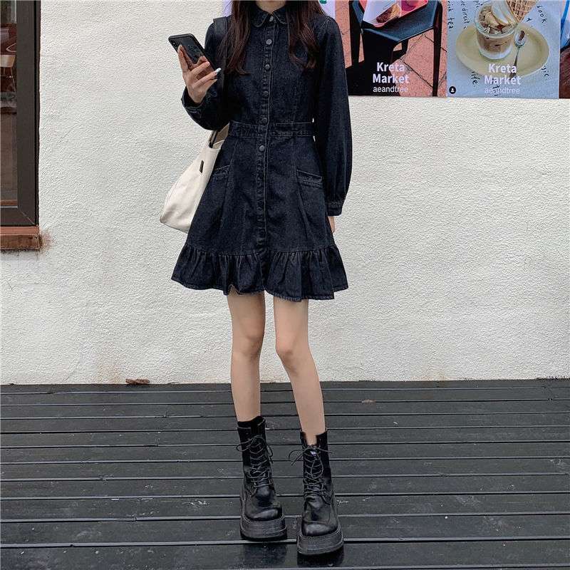 ミニワンピース ボタン付き長袖デニムワンピ