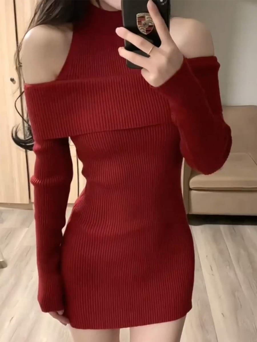 シースルーショルダー ニットミニワンピース